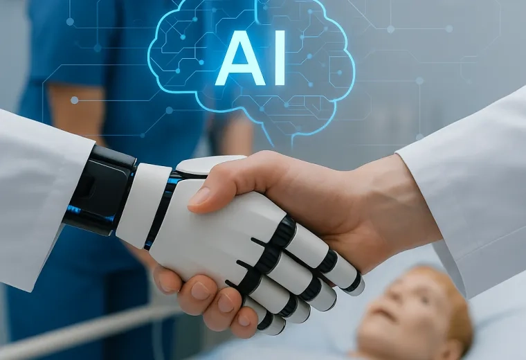 robot shaking hands with a man over a hospital bed where a manikin is laying on a pillow in a hospital gown - the word "AI" is superimposed in a neon blue brain over the image