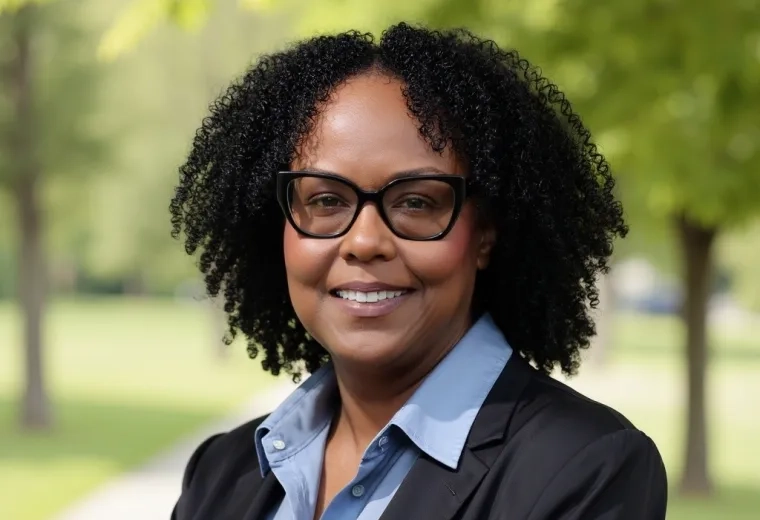 Headshot of Eleonor Pusey-Redi in front of a blurred background of grass and trees. She is wearing a blue button-down shirt and a black jacket.