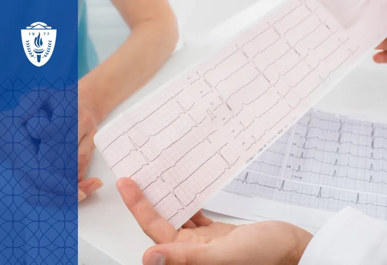 Close up of medical professional looking at EKG results