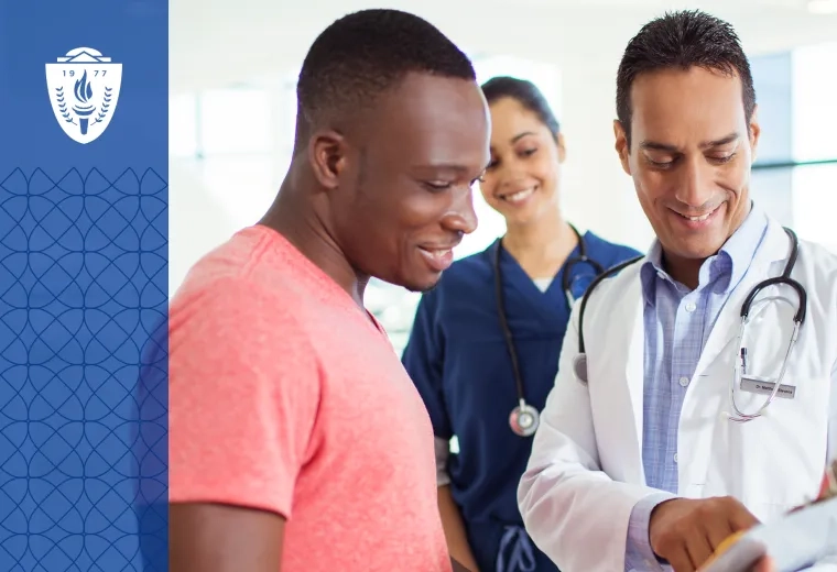 A doctor and patient stand in a room looking at information on a clipboard