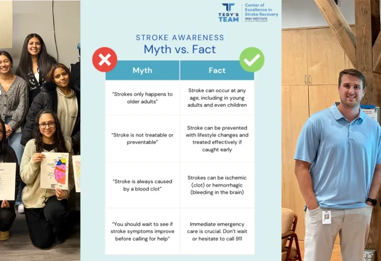 Three images - a group photo, a graphic of stroke myths and facts, and a man standing in front of a presentation screen