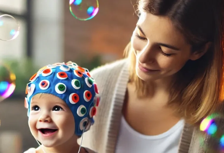 mother looks at baby with node cap on as bubbles float in the air