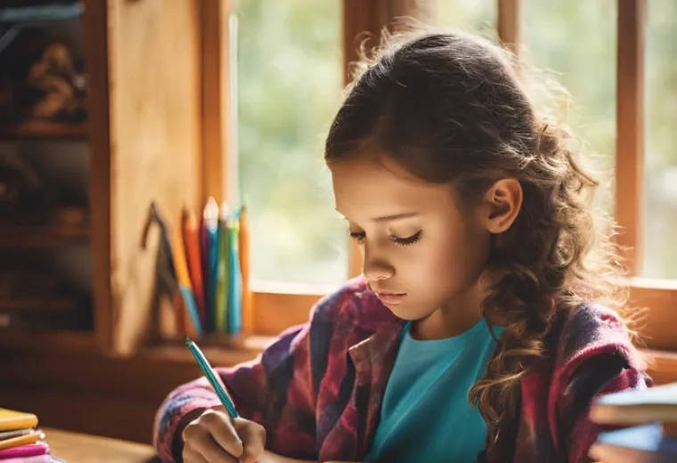 young girl writes at a table