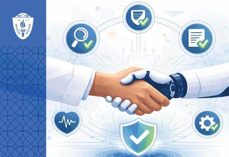 robot hand shaking hands with a human hand with little checked circles around them indicating health, systems, research and publishing