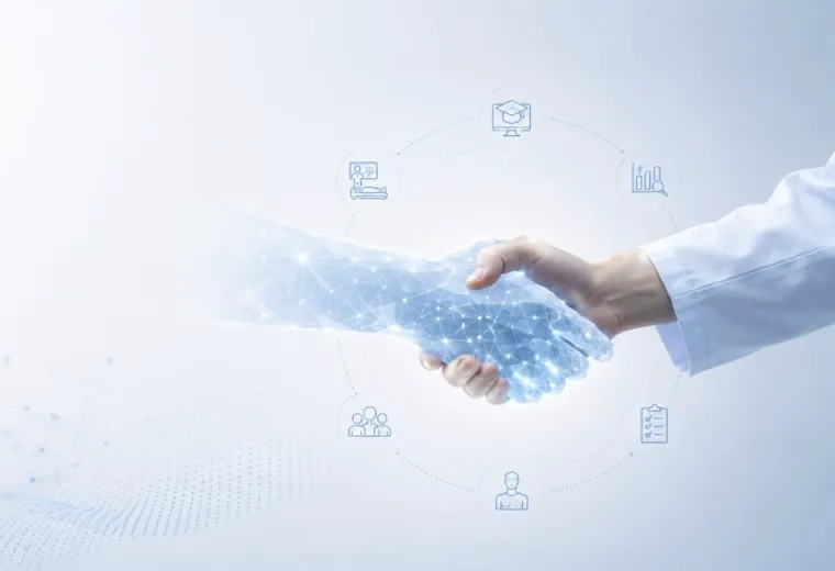 illustration of a hand with a white doctor coat sleeve shaking hands with a digital hand