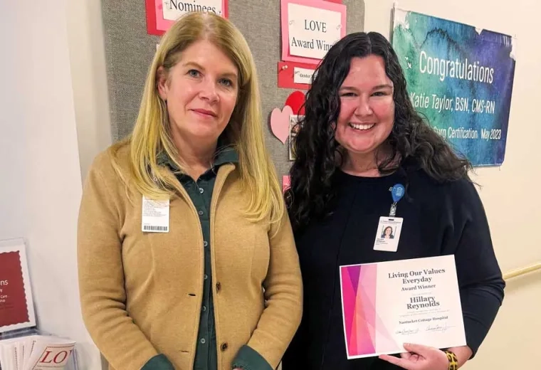 Nantucket Cottage President Amy Lee with Hillary Reynolds holding the L.O.V.E Award certificate 