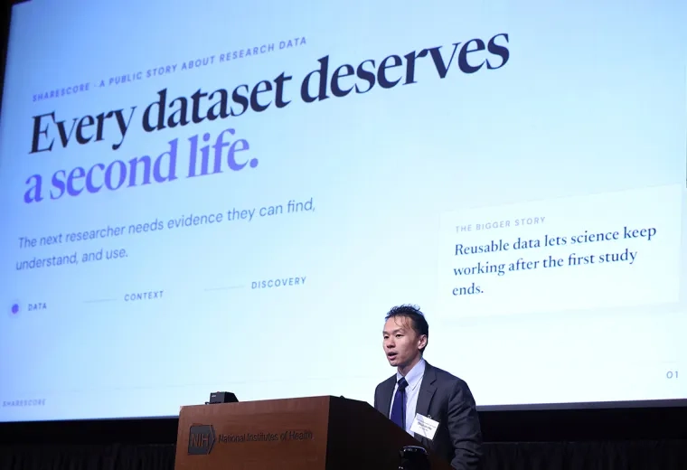 Master of Science in Healthcare Data Analytics Shuhan He presents information about sharing data