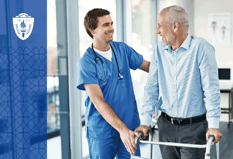 Male nurse in blue scrubs assisting an eldery man using a walker