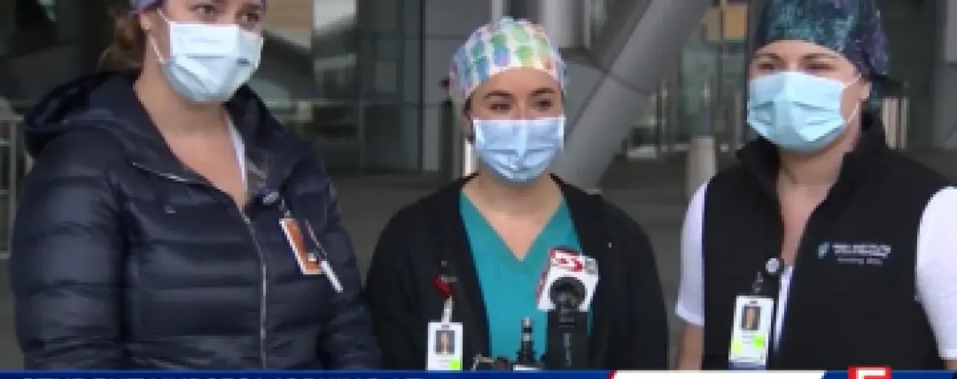 BSN students Joanna Ghilardi, Ally Luongo, and Melissa Richard during their WCVB-TV interview at Boston Hope.