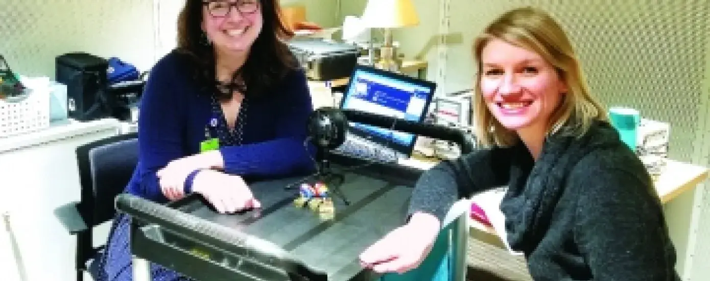 Dr. Hogan, left, with Emily Zimmerman of Northeastern University, one of many guests - including several IHP colleagues - she has interviewed on "See, Hear, Speak."