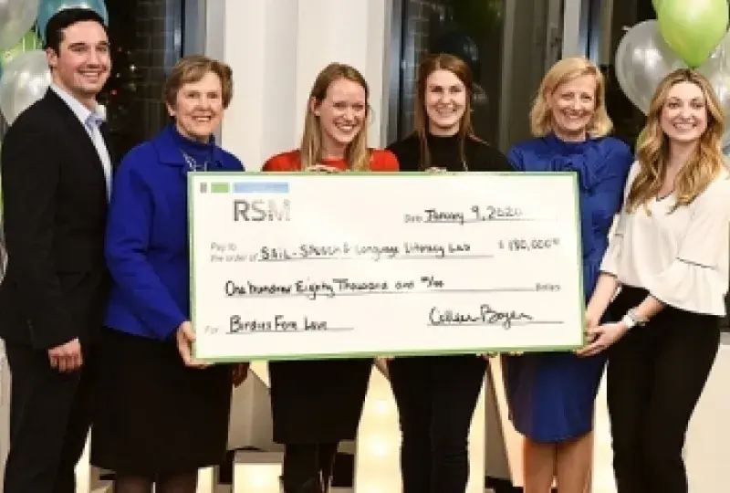 L-R: Patrick O'Neill of RSM, IHP President Paula Milone-Nuzzo, SLP students Elise Hopkins Gallegos & Alexandra Hanson, IHP Chief Development Officer Clare McCully, and Erinn Johnson of RSM.