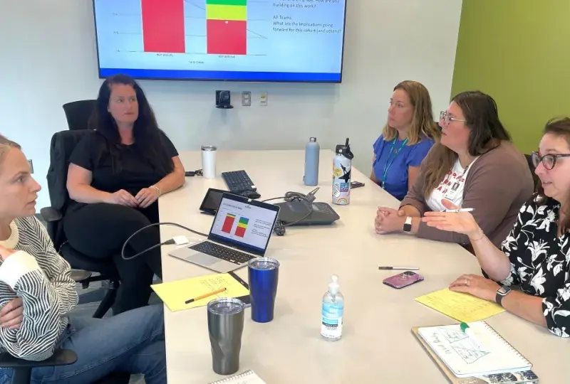 Five people talking around a table