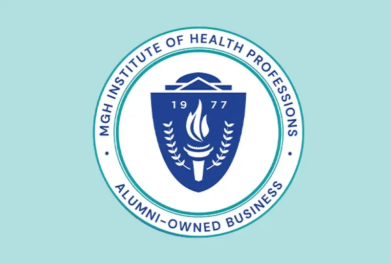green and blue circle around a shield says MGH institute of health professions alumni owned business