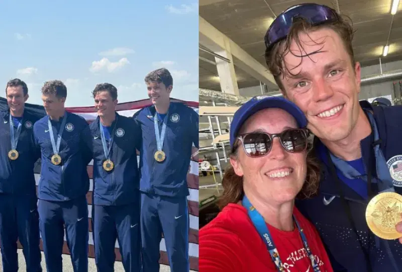 Four men stand wearing gold medals while holding an American flag behind them and a woman poses with a man showing his gold medal
