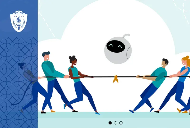 illustration of a robot standing in the middle of a game of tug of war 