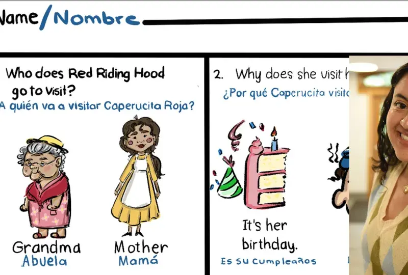 The photo of a woman appears over some drawings 