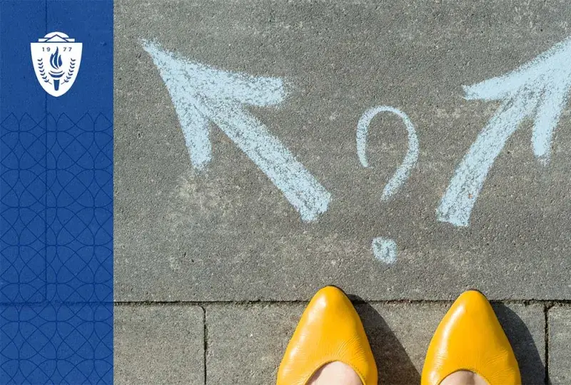 Two arrows painted in chalk on a sidewalk. One pointing left and one pointing right with a question mark in between.