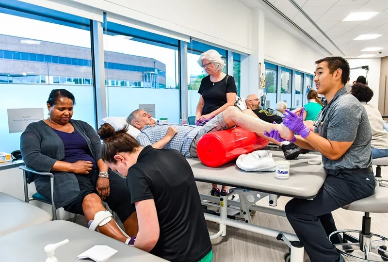 Patients sit on chairs or lie on a table while medical professionals interact with their limbs