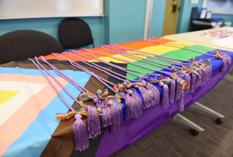 purple gradation cords laying on an LGBTQ+ flag on a table