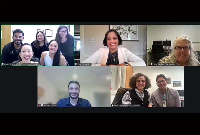 A computer screen showing the groups of people on a Zoom meeting for a physical therapy health equity conference