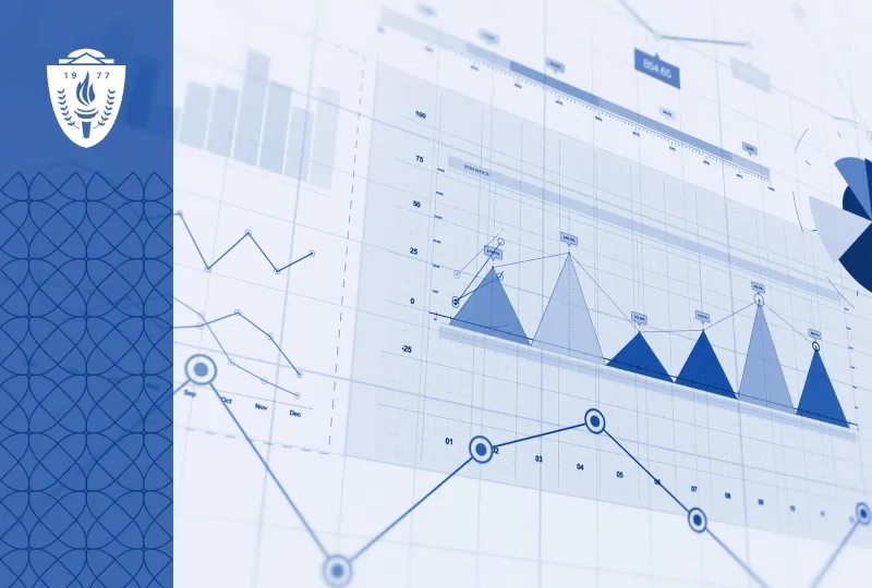 Mixture of bar graphs, line graphs, and pie charts in various shades of blue