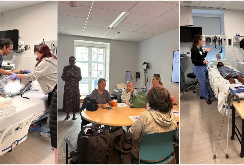 3 photo collage of several people in a clinical setting with mannequins practicing different techniques