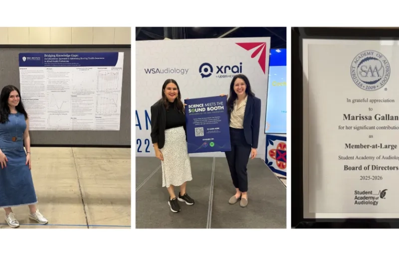 a 3 photo collage, first photo of a woman standing to the left of a research poster, middle photo two women holding a sign about a podcast, and right photo is an award addressed to Marissa Gallan