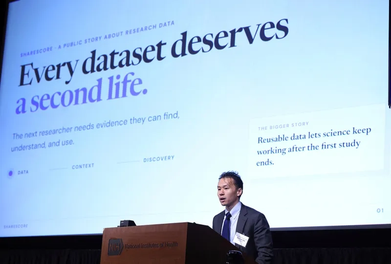 Master of Science in Healthcare Data Analytics Shuhan He presents information about sharing data