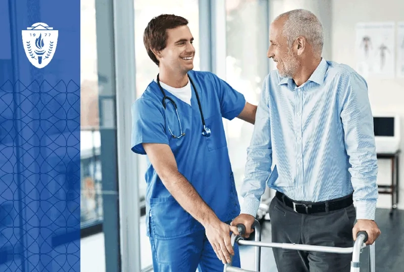 Male nurse in blue scrubs assisting an eldery man using a walker