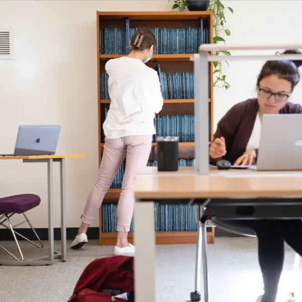 A woman working at a desk while another woman behind her looks through a book shelf