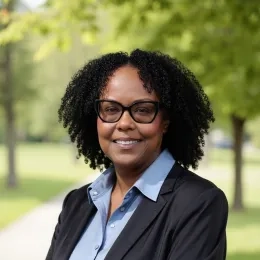 Headshot of Eleonor Pusey-Redi in front of a blurred background of grass and trees. She is wearing a blue button-down shirt and a black jacket.