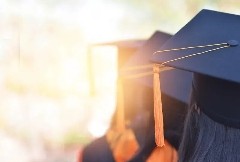 photo of square graduation caps and tassels on 3 heads in a line from behind