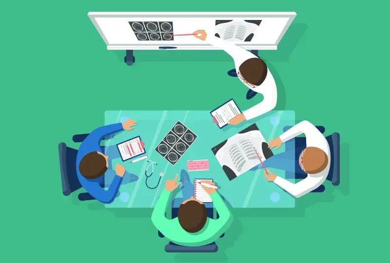 illustration of different people in various medical outfits like scrubs looking at a white board with an xray on it