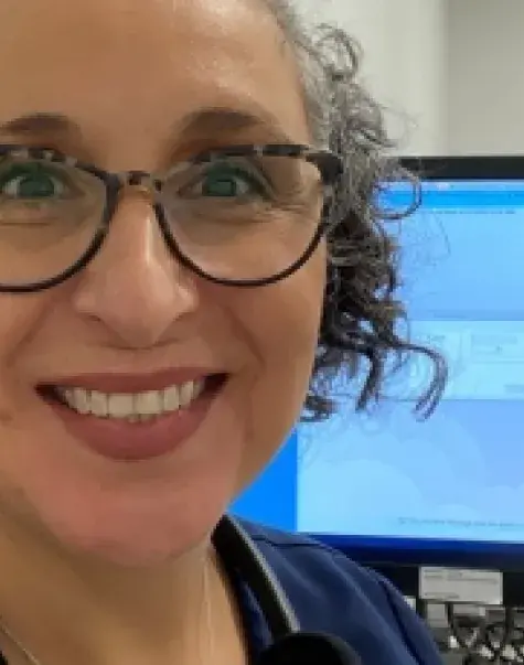 Dr. Raquel Reynolds at the Partners COVID-19 Nurse Triage Call Center.