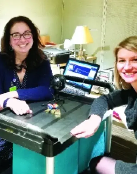 Dr. Hogan, left, with Emily Zimmerman of Northeastern University, one of many guests - including several IHP colleagues - she has interviewed on "See, Hear, Speak."