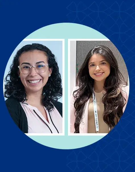 melany wears clear framed glasses and a pink blouse, barbara has long wavy dark hair