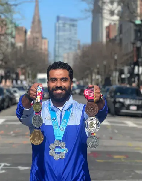 Two photos together one of a woman crossing a running race finish line and the other of a man holding multiple medals