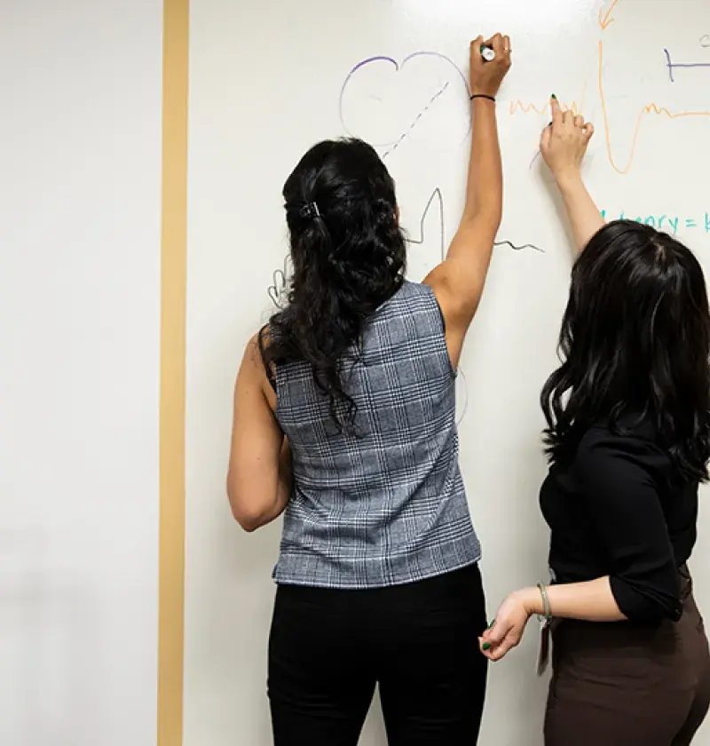 Two women facing and working on a whiteboard wall
