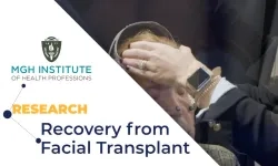Title Card showing the Video Title "Recovery from Facial Transplant" along with the MGH IHP Logo and a partial image of a man with his eyes closed having sensors placed on his by a woman's hand wearing a large watch and jewelry